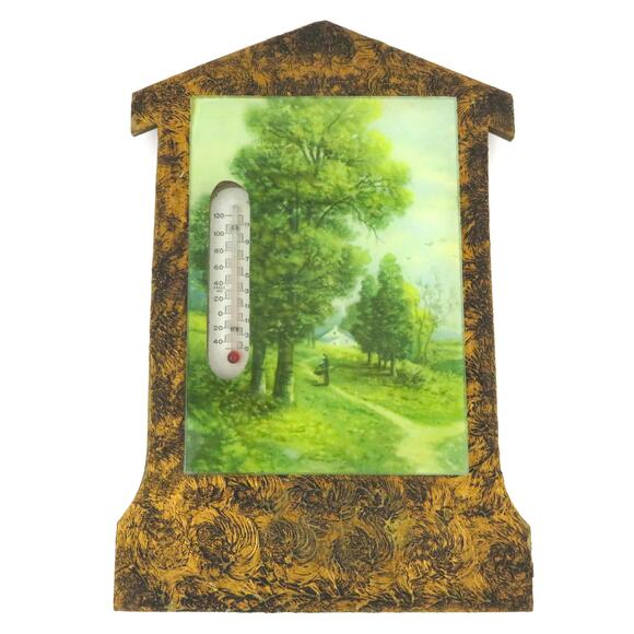 Vintage 11" Framed Thermometer w/ Country Scene Farmhouse Rustic Gold Wood Frame - Picture 2 of 10